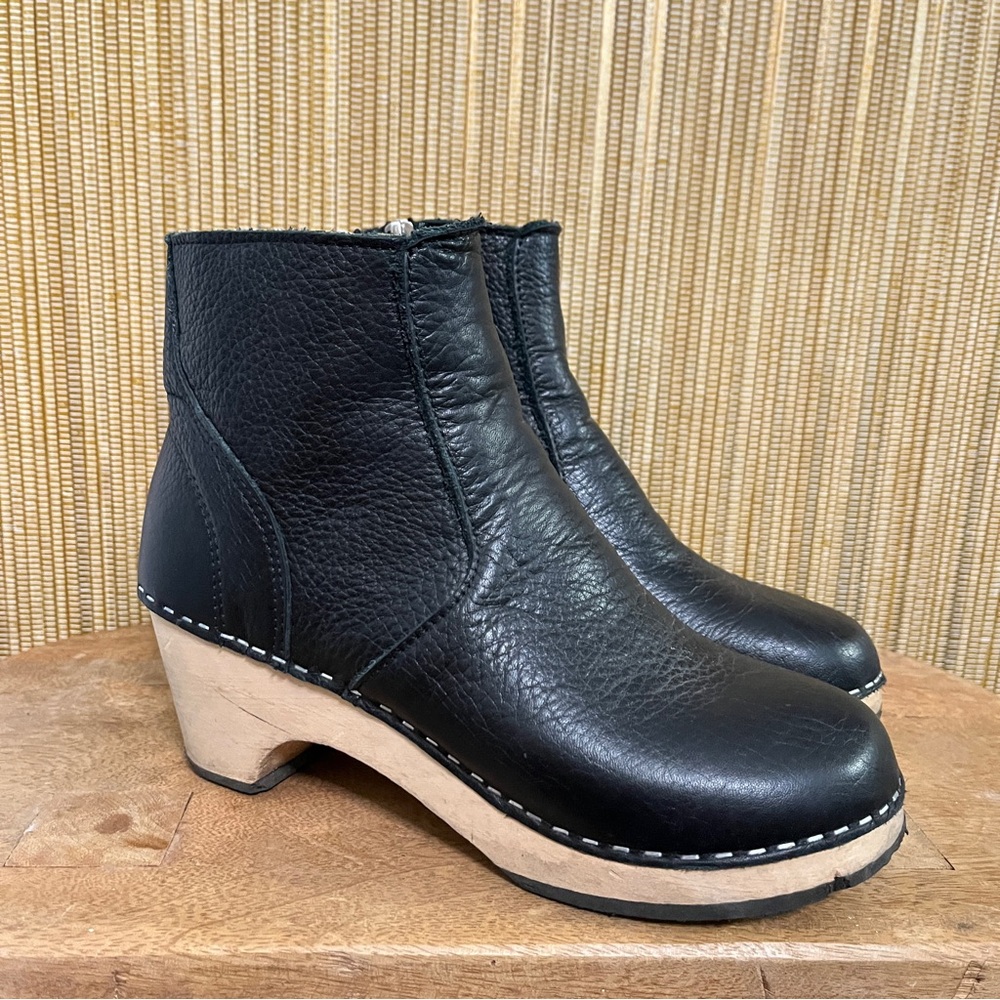 Women's Black Leather Ankle Booties with Wood-Look Platform